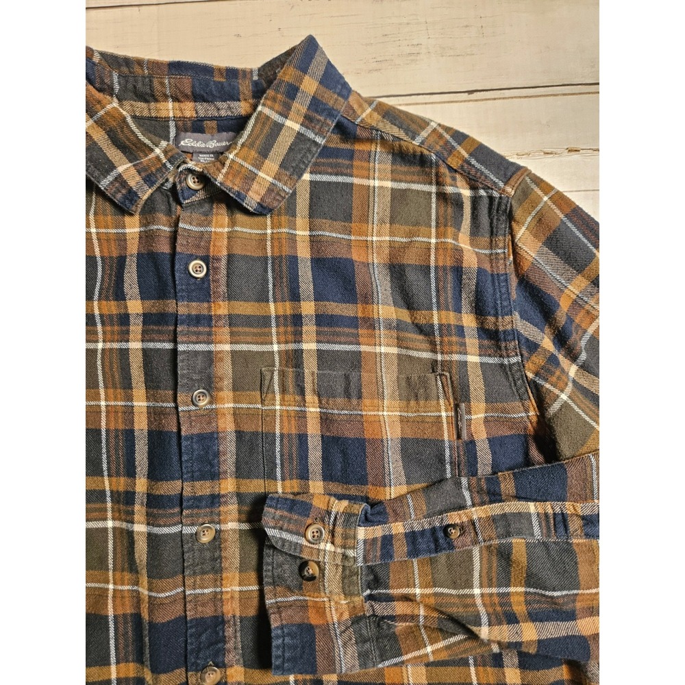 Eddie Bauer Mens XL Plaid Flannel Shirt Brown Navy‎ Blue Cotton Outdoor